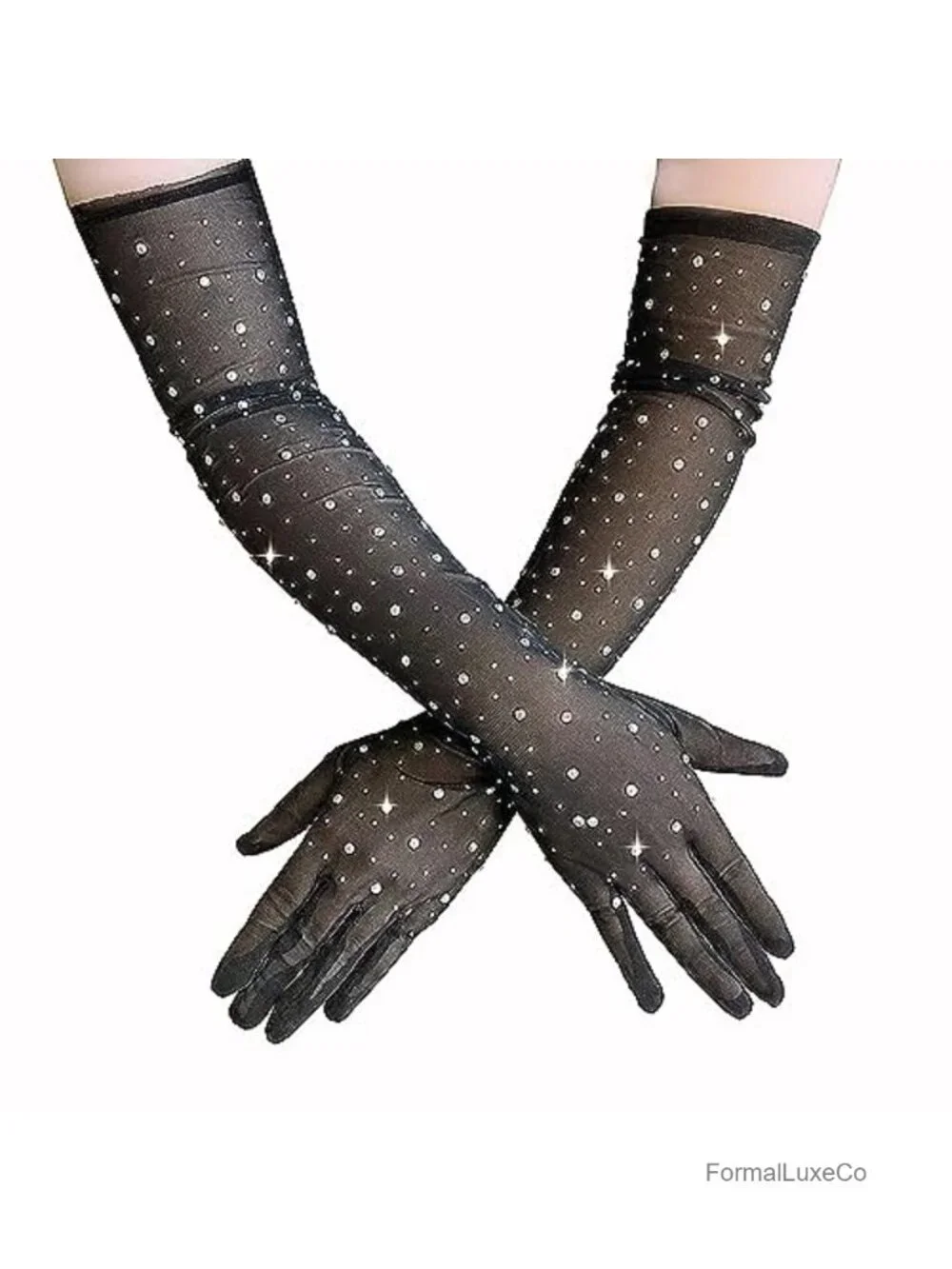 Sparkly Rhinestone Sheer Tulle Long Gloves Elbow Length